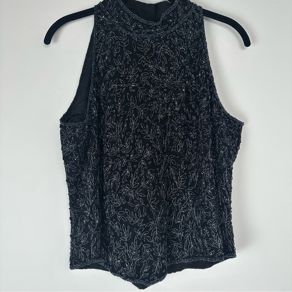Papell Boutique Evening Top Size Large Black Beaded Floral Mock Neck Formal Silk - Picture 1 of 7